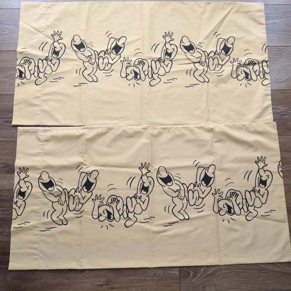 Vtg 70s Henry Syverson Laughing Men Cartoons Cal King Sheet Set Tan Black Pequot